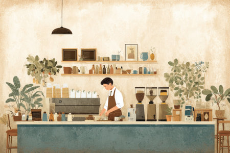 A barista is focused on crafting beverages at the coffee shop, surrounded by greenery and a neatly organized workspace in a warm and inviting atmosphere.の素材