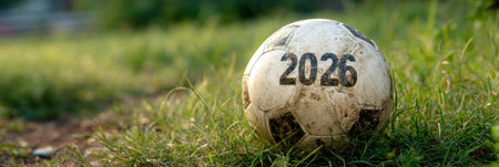 A worn soccer ball with the year 2026 displayed lies on a grassy field, indicating the anticipation for the championship event approaching soon.の素材