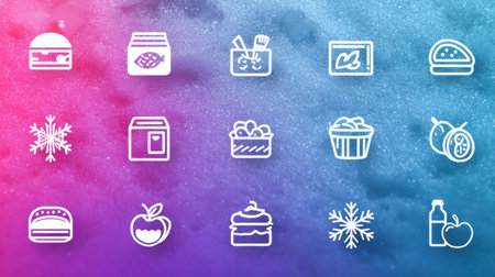 Frozen food brand icons are showcased in a central clean layout, set against a visually appealing icy gradient background featuring vibrant colors.の素材