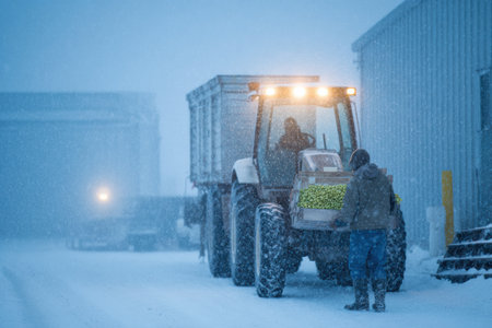 A farmer transports crates of fresh vegetables to a freezing plant amidst a snowstorm, showing the resilience needed in winter agriculture.の素材