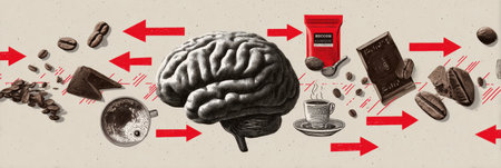 A creative depiction shows a brain connected to coffee, tea, and chocolate through red arrows, illustrating their stimulating effects on mental activity.の素材