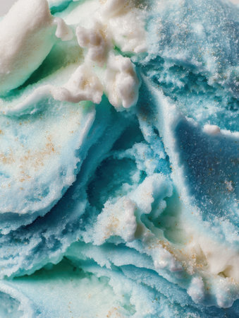 Close-up view of a frozen dessert highlighting its cool blue tones and fluffy texture under bright light, creating an inviting and refreshing appearance.の素材