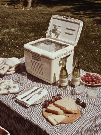 A portable cooler filled with frozen items is positioned on a checkered blanket, surrounded by snacks, drinks, and fresh fruits during a bright day outdoors.の素材