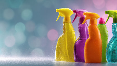 Colorful bottles of cleaning liquids and sprays arranged neatly, showing vivid hues against a soft gradient background that allows for customizable text.の素材