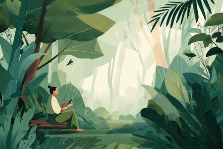 A person sits peacefully on a bench, engaging with their surroundings in a lush green setting while disconnecting from digital devices during a calm afternoon.の素材