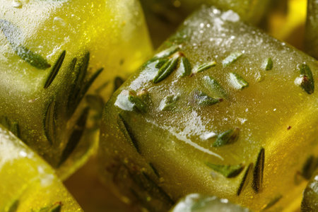Macro view reveals frozen cubes of herbs immersed in olive oil, capturing the vibrant colors and textures perfect for enhancing dishes and cooking.の素材