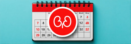 A calendar shows Kidney Health Awareness Month with a red-circled kidney symbol on a bright blue background, highlighting the need for kidney care.の素材