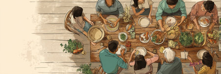 A family enjoys a delightful dinner together, surrounded by delicious dishes, bonding over shared stories and laughter in a warm, inviting atmosphere.の素材