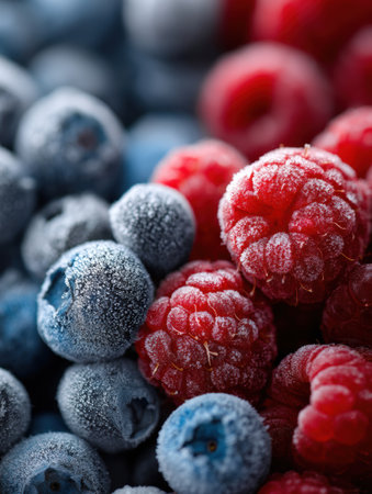 Close-up view of blueberries and raspberries dusted with frost, highlighting the delicate texture and vibrant colors of the fruits in winter.の素材