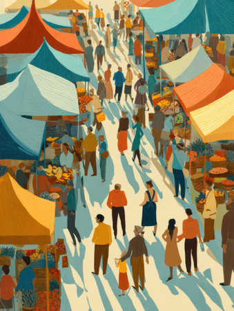 Vibrant market filled with people enjoying local produce, arts, and crafts while colorful canopies provide shade on a bright weekend day.の素材