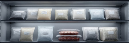 A minimalist shelf filled with neatly organized frozen goods in eco-friendly packaging, showing various items for convenient access and storage.の素材