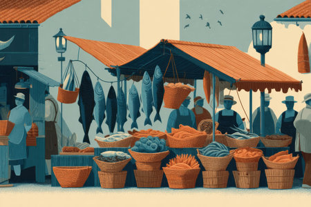 Colorful baskets filled with seafood line the stalls of a fish market as vendors engage with customers during the evening, enhancing the lively environment.の素材