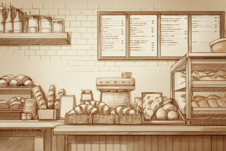 Bakery counter showcases an array of freshly baked bread and croissants. A clear menu board displays offerings above the delicious items.の素材