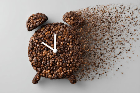 Coffee beans take the shape of an alarm clock, symbolizing the essential morning ritual for many. The clean sky margin enhances the artworks visual appeal.の素材