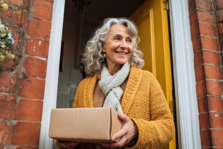 Joyful woman with curly gray hair greets a delivery at her door, holding a cardboard box while wearing a cozy sweater and scarf.の素材