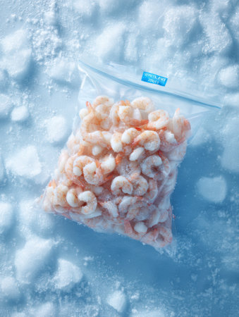 A 3D bag of frozen shrimp is tipped over on a frosty surface, showing the icy textures and details of the shrimp while remaining in a well-lit environment.の素材