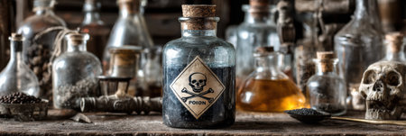 A poison bottle with a skull and crossbones is carefully positioned among an array of both safe and unsafe items in a dimly lit, rustic environmentの素材