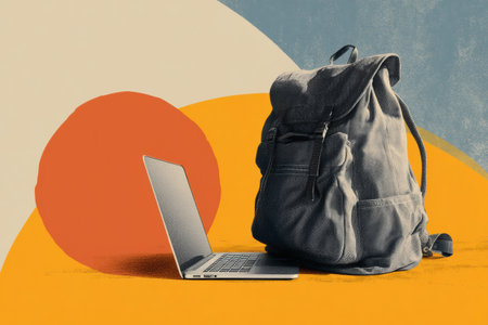 A backpack sits next to an open laptop on a vibrant, abstract background, symbolizing the freedom and flexibility of remote work.の素材