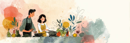 Couple shares joyful moments while preparing a delicious meal with fresh ingredients in a cheerful kitchen atmosphere, emphasizing love and teamwork.の素材