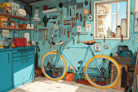 In a warm garage, a blue bicycle stands ready for repair amidst colorful tools and organized shelves, illuminated by sunlight streaming through the window.の素材