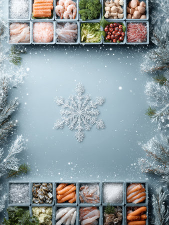 Colorful frozen food mockup showcases a grid of delicious products framed by a snowflake, emphasizing freshness and variety for frozen food month celebration.の素材