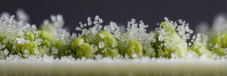Macro view highlights frost particles on a frozen vegetable pack, showing intricate details of frost against vibrant green vegetables.の素材