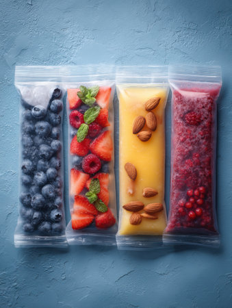 Colorful frozen smoothie packs filled with fruits and nuts are neatly placed on a cold background, highlighting a healthy and convenient snack optionの素材