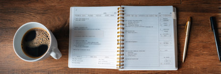Daily routine planner open on wooden surface, featuring a caffeine-free schedule with a clear top third and next to a cup of coffee and stationeryの素材