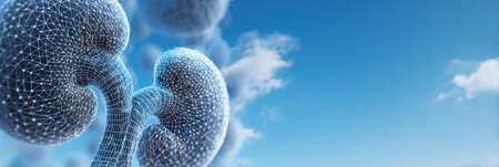 Close-up visualization of kidney anatomy represented in a mesh format featuring data points, set against a clear blue sky background.の素材
