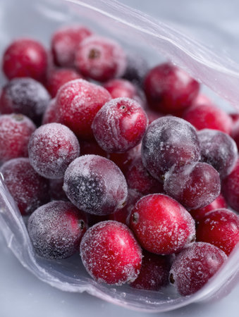 Macro shot captures vibrant, frost-covered berries in a clear ziplock bag, highlighting cold temperatures and fresh produce preserved for later use.の素材