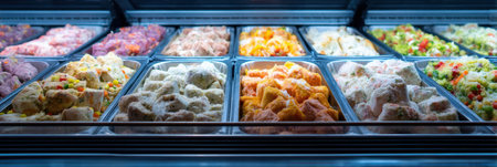 Varieties of frozen breakfast burritos are showcased in a sleek freezer, displaying frost effects with a soft center zone highlighting each burrito.の素材