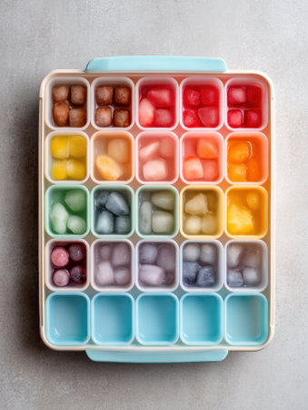 Carefully arranging trays of frozen baby food in vibrant colors for efficient meal planning and easy access in a kitchen environment during the dayの素材