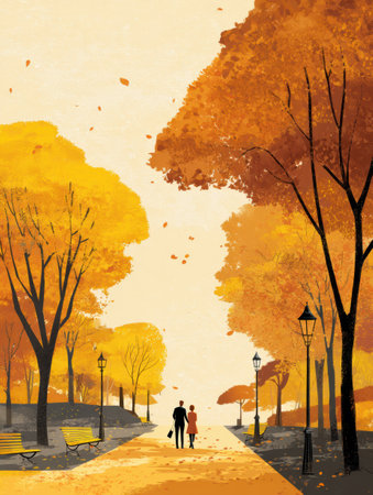Couple strolls hand in hand along a picturesque park pathway, surrounded by brilliant autumn foliage and gently falling leaves, creating a serene atmosphere.の素材