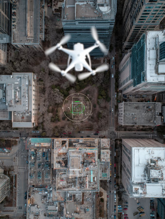 Drone perspective reveals a vibrant city skyline with a GPS target marked below, showing modern architecture and construction sites in clear weather.の素材