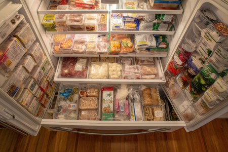 Overhead view of a well-stocked freezer with multiple compartments filled with frozen foods.の素材