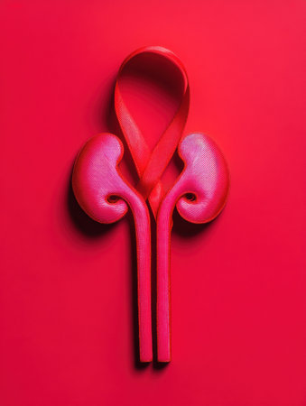 Vivid kidney awareness ribbon prominently set against a bright red backdrop highlights the importance of kidney health awareness and education initiatives.の素材