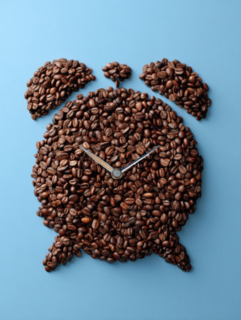 Coffee beans are arranged artistically to form the shape of an alarm clock, set against a clean blue background, symbolizing the start of a new day.の素材