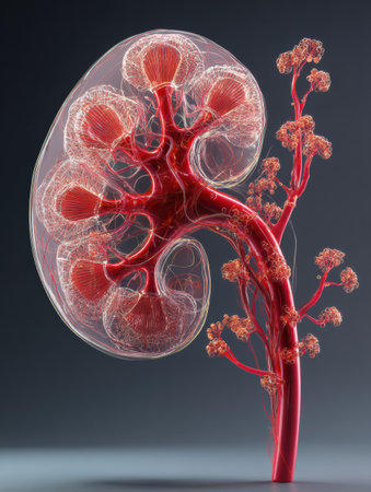 This 3D rendering illustrates a cross-section of a kidney, highlighting the intricate design of blood vessels and the distinct clear left zone.の素材
