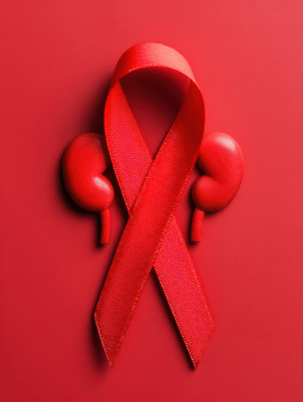 Bright red background highlights a kidney month awareness ribbon, emphasizing efforts to promote kidney health and support for related health initiativesの素材