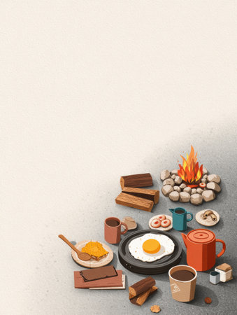 A inviting camping breakfast spread features a fire pit, coffee mugs, a frying pan with an egg, and delicious sides, creating a warm, outdoor atmosphere.の素材