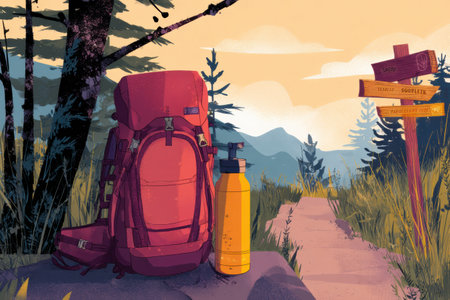 Colorful backpack rests on a rock beside a thermos as a peaceful nature trail leads through trees with signs indicating various hiking routesの素材