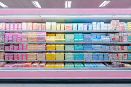 The bright frozen dessert section showcases pastel packaging on neatly arranged shelves, creating an appealing supermarket display.の素材