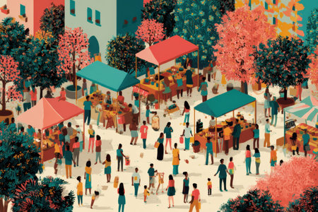 People browse stalls at a bustling Sunday market, enjoying a variety of handmade goods under colorful awnings in a lively atmosphere.の素材