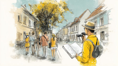 A group strolls through the picturesque streets of an old town, while one person sketches and snaps photos, embracing the beauty of the surroundings.の素材