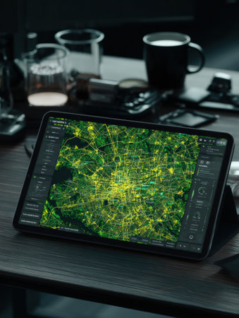 A digital interface shows a colorful delivery heatmap of an urban area, marking high activity zones and clean spots with low engagement.の素材