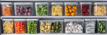 Modern freezer reveals an efficient organization of frozen foods in clear containers, highlighting a variety of vegetables, fruits, and pasta for easy access.の素材