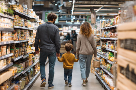 Family explores a grocery store together, shopping for fresh produce and items with child-safe labels. The atmosphere is bright and welcoming.の素材