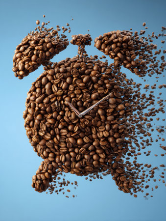 Coffee beans shape an alarm clock, illustrating the essence of morning routines in a vibrant display of energy and aroma with a clean sky backdrop.の素材
