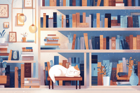 Brightly lit library features a sleeping cat atop a bookshelf, blending tranquility with a love for books in a warm, inviting space.の素材