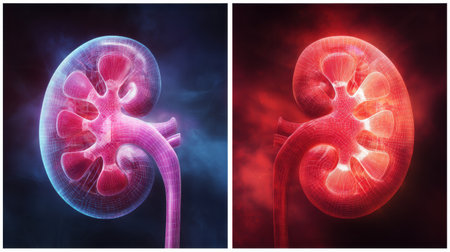 Visual representation contrasting a healthy kidney with a damaged kidney, focusing on their structural differences and overall health implications.の素材